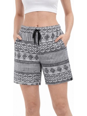 Asmedo Kadın Etnik Desenli Dokuma Şort Lastikli Bel Bağcıklı Cepli Yazlık - Gri