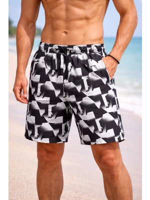 Asmedo Erkek Deniz Şortu Fermuarlı Cepli File Astarlı Hızlı Kuruyan Premium - Siyah