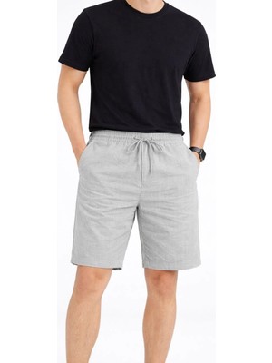 Asmedo Erkek Keten Kumaş Cepli Rahat Kesim Bel Lastikli Şort - Gri