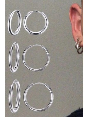 PremiumPort Şık Unisex Gümüş Cerrahi Çelik 3'lü Halka Küpe Seti