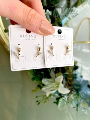 PremiumPort Zirkon Taşlı Mini Lale Çiçek Küpe Seti, Gold Sarı, Minimal Tasarım