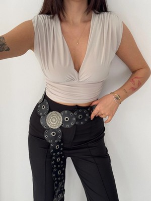 Asmedo Kadın Vatkalı Kolsuz V Yaka Drapeli Crop Bluz Likralı Fit - Boyalı Gri