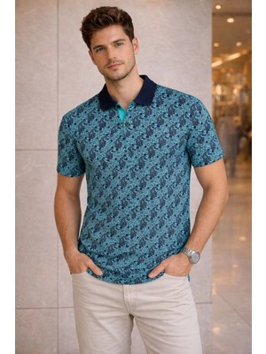 Asmedo Erkek Pike Kumaş Polo Yaka Palmiye Desenli Tişört Kısa Kol Yazlık T-Shirt - Turkuaz