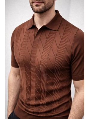 Asmedo Erkek Yazlık Triko Dokuma Tişört Kısa Kol Polo Yaka T-Shirt - Kahverengi