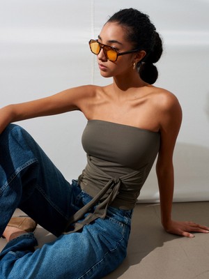 Dilvin 32841 Bağlamalı Bandeau Top-Haki