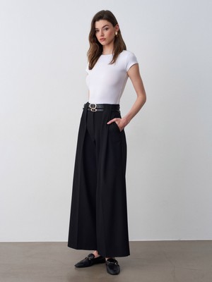 Dilvin 72670 Çift Kemerli Pileli Pantolon-Siyah