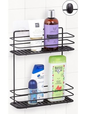 Pearl Shop Boyu Paslanmaz Yapışkanlı Banyo Düzenleyici Şampuanlık 2 Katlı Duş Rafı Siyah MDS-836