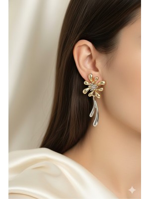 PremiumPort Kadın Pirinç Çiçek Model Küpe, Gold Gümüş Renk, Şık ve Dayanıklı Takı