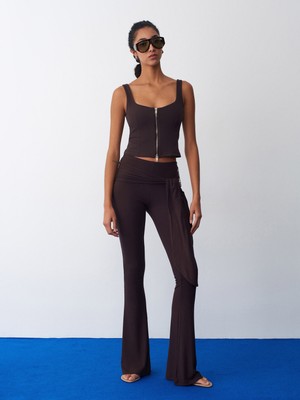 Dilvin 71957 Bağlama Detaylı Örme Pantolon-Koyu Kahve