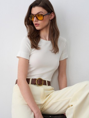 Dilvin 32637 Bisiklet Yaka T-Shirt-Ekru