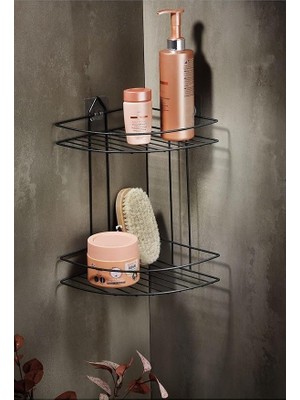 Pearl Shop Boyu Paslanmaz Yapışkanlı Banyo Köşeliği Düzenleyici Şampuanlık Duş Rafı Siyah Ek-02