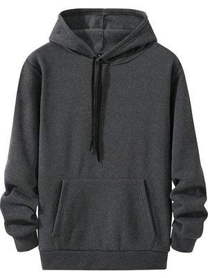 Asmedo Kadın Kapüşonlu Kanguru Cepli 3 Iplik Pamuklu Oversize Hoodie Sweatshirt - Füme