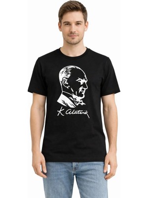 Asmedo Erkek Atatürk Baskılı Tişört Kısa Kollu Bisiklet Yaka T-Shirt - Siyah