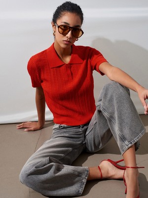 Dilvin 10781 Polo Yaka Düğmeli Ajurlu Triko Bluz-Açık K.