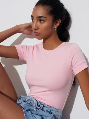 Dilvin 32637 Bisiklet Yaka T-Shirt-Toz Pembe