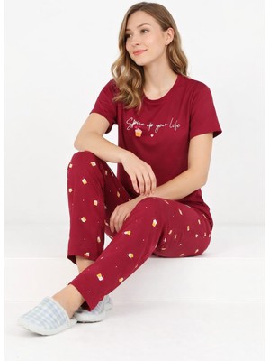 Işılay Kadın Bordo Milan "spice Up Your Life" Baskılı Sıfır Yaka Kısa Kollu Günlük Pijama Takımı