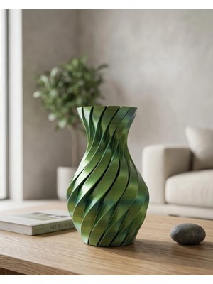 TeknoKapsül 3D Spiral Yeşil Vazo Tasarım Dekoratif Ev Aksesuarı