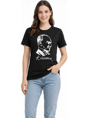 Asmedo Kadın Atatürk Baskılı Tişört Kısa Kollu Bisiklet Yaka T-Shirt - Siyah