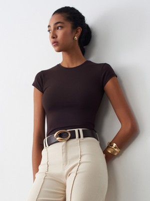 Dilvin 32761 Bisiklet Yaka T-Shirt-Koyu Kahve