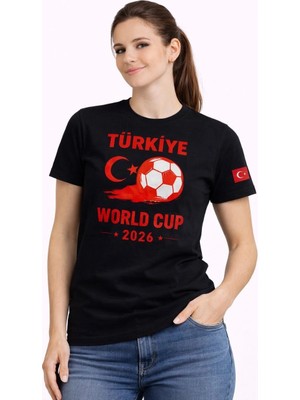 Asmedo Kadın Türkiye World Cup 2026 Baskılı Tişört Futbol Temalı Forma T-Shirt - Siyah