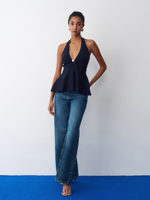 Dilvin 10787 Halter Yaka Metal Detaylı Peplum Triko Bluz-K.lacivert