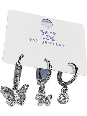 PremiumPort Şık Kadın Çelik 3’lü Kelebekli Küpe Takımı, Zarif ve Parlak Tasarım