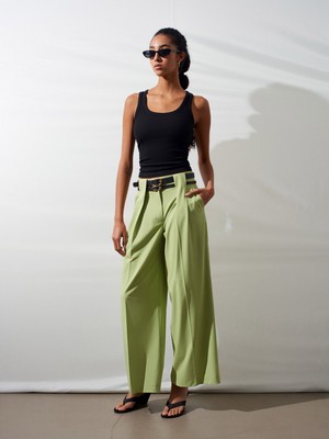 Dilvin 72670 Çift Kemerli Pileli Pantolon-F.yeşil