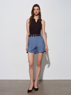 Dilvin 72650 Pileli Kemerli Şort-Indigo
