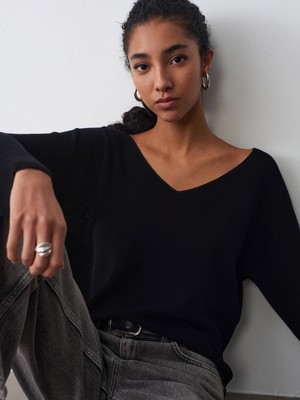 Dilvin 10869 V Yaka Dökümlü Kazak-Siyah