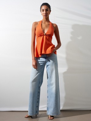 Dilvin 10787 Halter Yaka Metal Detaylı Peplum Triko Bluz-Oranj