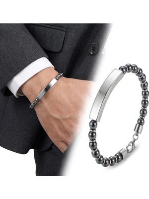 Moncuk Design Hematit Beyaz Isim Yazılabilir ve Ayarlanabilir Çelik Zincir Bileklik 33512B29D9