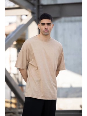 Asmedo Erkek Düz T-Shirt Kısa Kol Bisiklet Yaka Regular Fit Rahat Kalıp Günlük Tişört - Bej