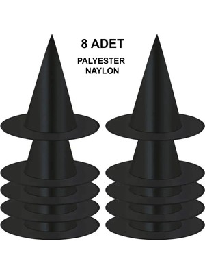 Najmaddin Mey Ithalat® 8 Adet Siyah Cadı Şapkası – Yetişkin &amp; Çocuk Kostüm Aksesuarı