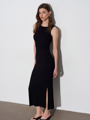 Dilvin 91652 Fitilli Midi Elbise-Siyah