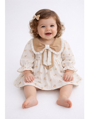 Togy Baby Kids Wear Lou Kız Bebek Elbise Bej Yakalı Çiçek Desenli 6-9 Ay