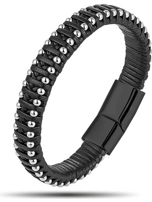 Moncuk Design Siyah Deri ve Damla Çelik Zincirli Bileklik 33514B1D2-1