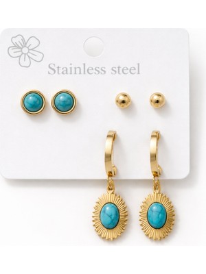 PremiumPort 6'lı Firuze Taşlı Kadın Çelik Küpe Seti, Şık ve Zarif Takı Seçeneği