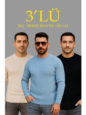 Asmedo Fitilli Triko Kazak 3’lü Set – Bej, Bebek Mavisi, Siyah | Kalın Dokuma Pamuklu Regular Fit Bis