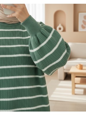 Moda Morfo Bisiklet Yaka Fitilli Triko Tunik    -Su Yeşili