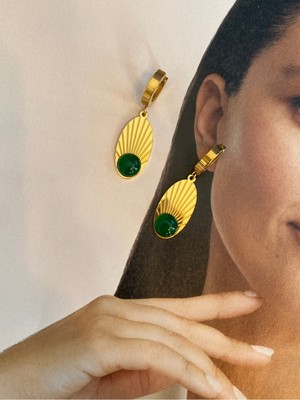 PremiumPort Zümrüt Taşlı Oval Paslanmaz Çelik Kadın Küpe Çifti