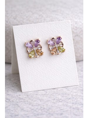 PremiumPort Renkli Kristal Çiçek Tasarımlı Çelik Küpe, Şık ve Dayanıklı Takı