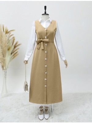 Moda Morfo Boydan Düğmeli Kuşaklı Çizgili Jile  -Vizon