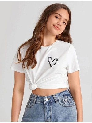 Asmedo Kız Çocuk Bisiklet Yaka Baskılı T-Shirt - Beyaz