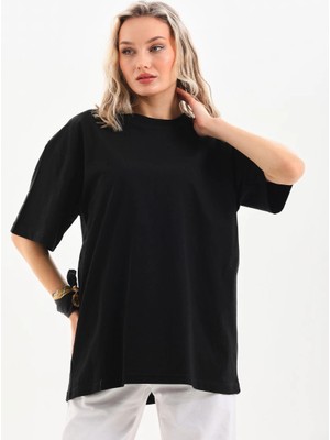 Asmedo Bisiklet Yaka 20/1 Düz Oversize T-Shirt - Siyah