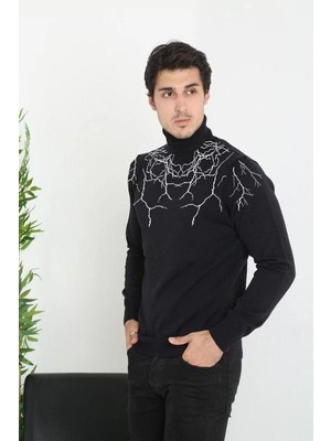 Asmedo Baskılı Tam Boğazlı Uzun Kol Dokuma Triko - Siyah