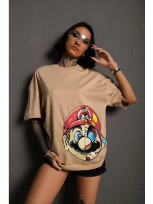 Asmedo Kadın Mario Baskılı T-Shirt Oversize kısa Kol Bisiklet Yaka Tişort - Bej