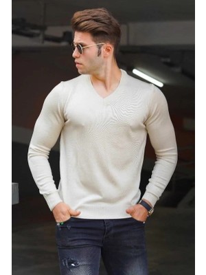 Asmedo Erkek V Yaka Kazak Uzun Kol Düz Dokuma Triko - Krem