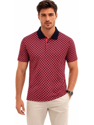 Adisia Erkek Pike Kumaş Polo Yaka Desenli Tişört Kısa Kol Yazlık T-Shirt - Kırmızı