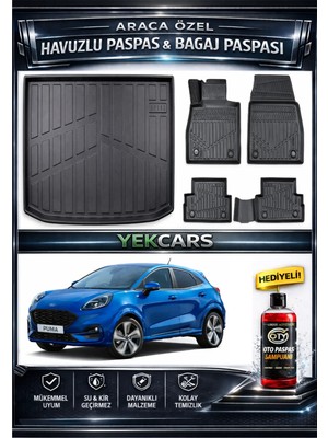 Yek Cars Ford Puma 2022 Model 3D Kokusuz Havuzlu Paspas Takımı  ve 3D Üst Bagaj Havuzu