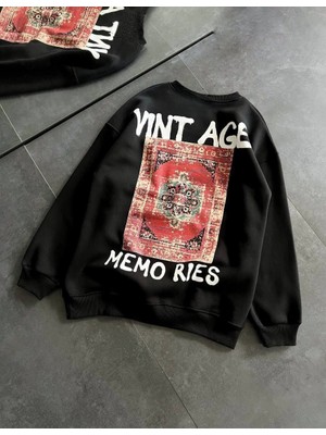 Asmedo Bisiklet Yaka Üç Iplik Baskılı Oversize Sweatshirt - Siyah